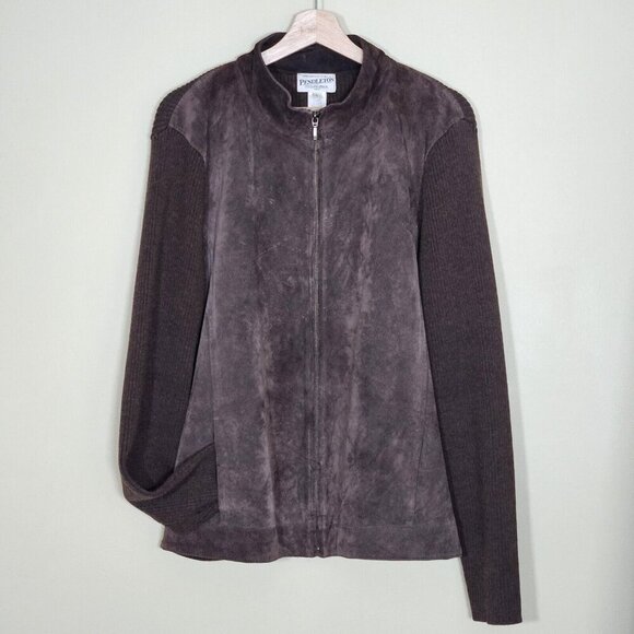 Pendleton Brown Suede Wool Jacket Womens L Tall Leather Full Zip Pockets Cottage - Picture 14 of 15